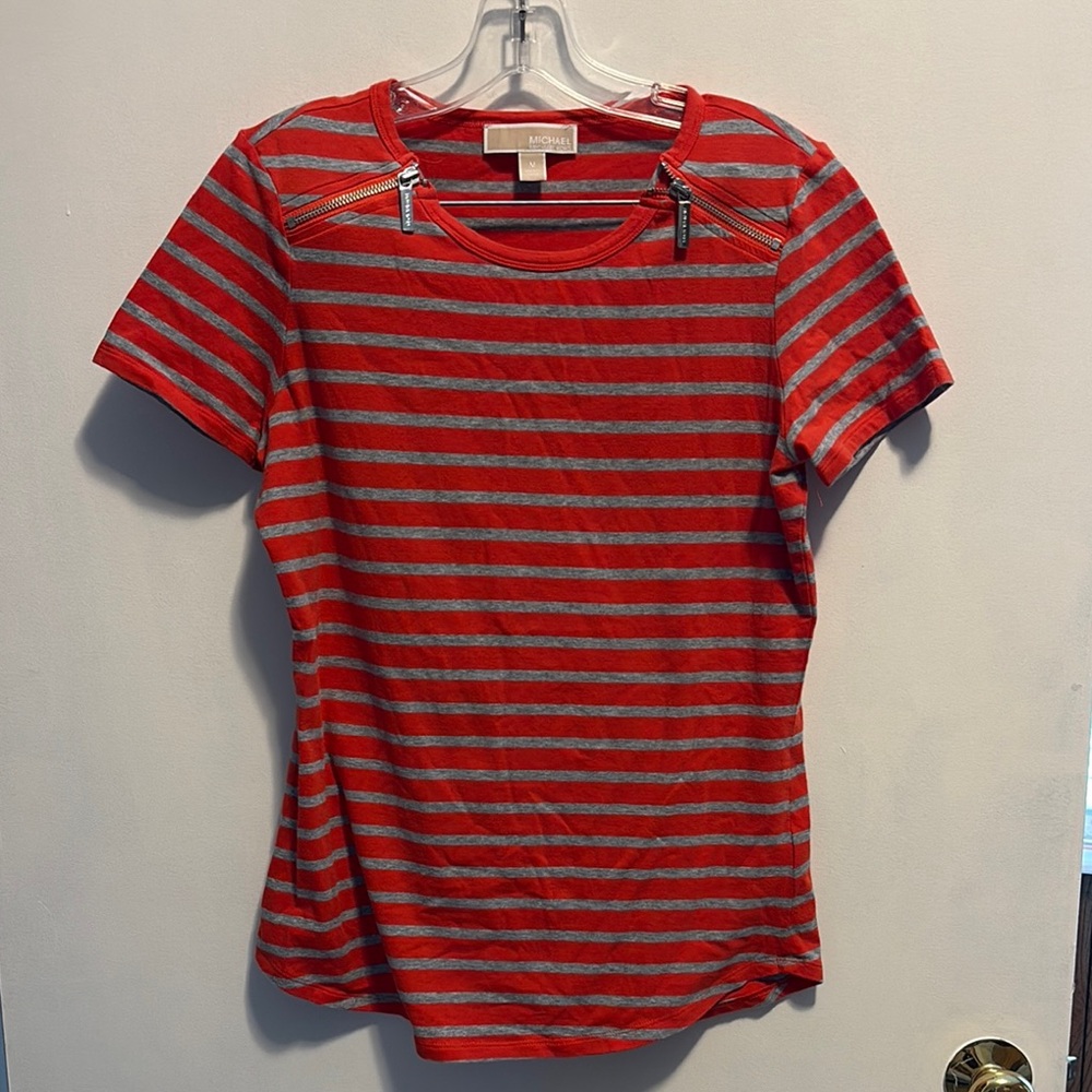 Michael Kors Red and Gray Fitted Cut Out Tee